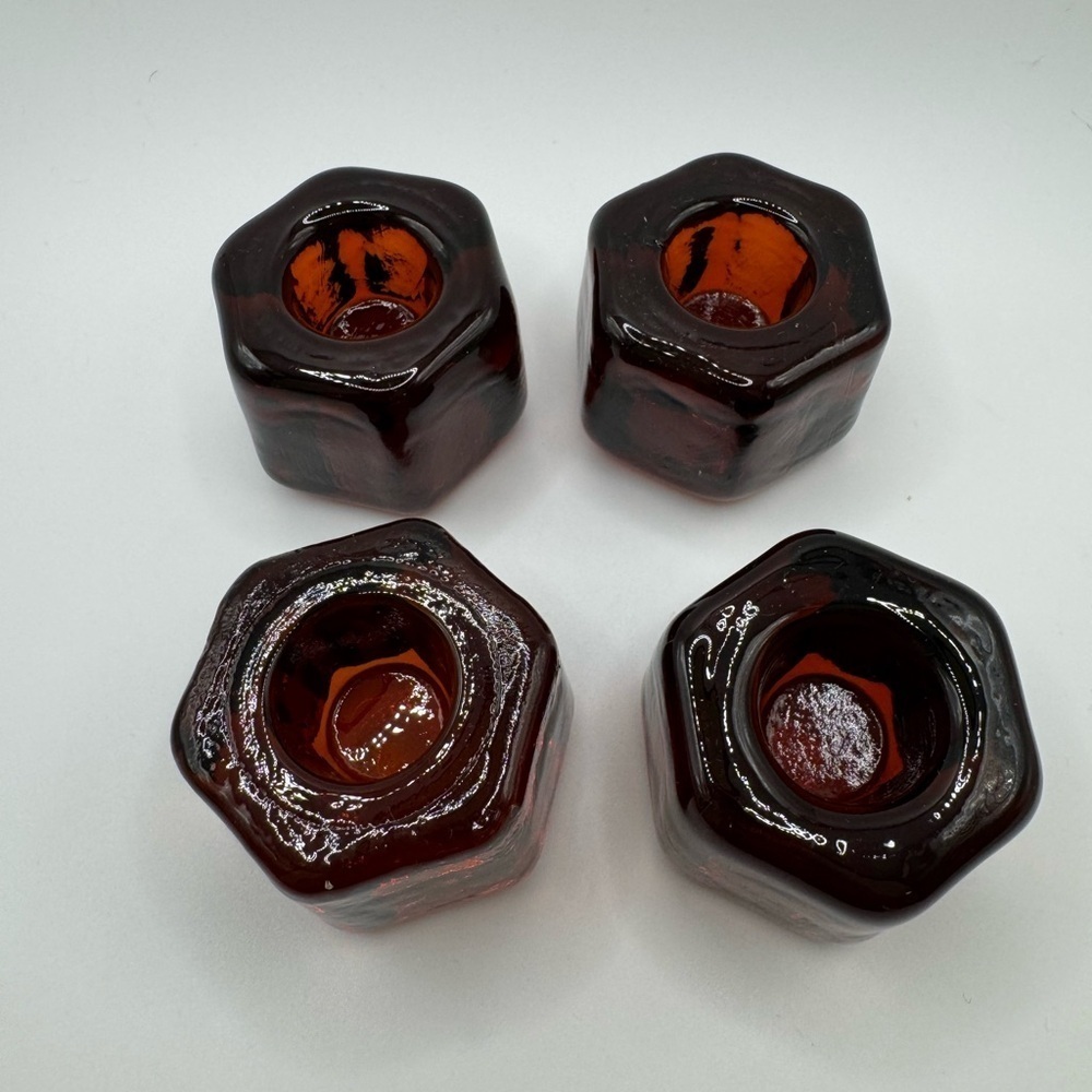 Vintage Set of 4 Amber Glass Hexagon Bolt Nut Shaped Candle Holders 1979/80